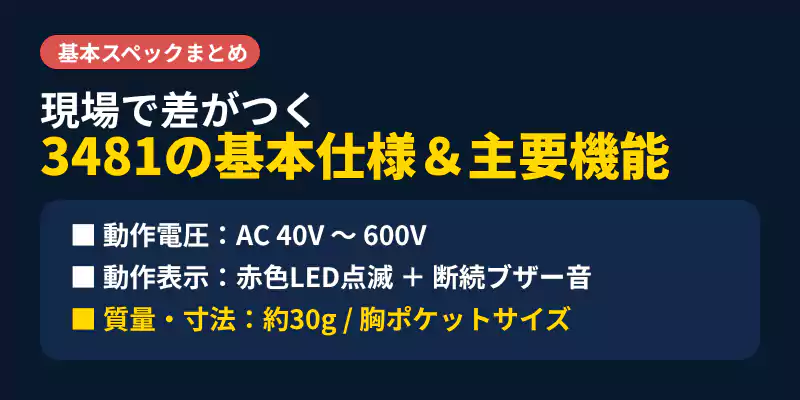 HIOKI 3481の基本スペックまとめ。動作電圧範囲AC 40V〜600V、光と音の判定、CAT IV 600V適合。
