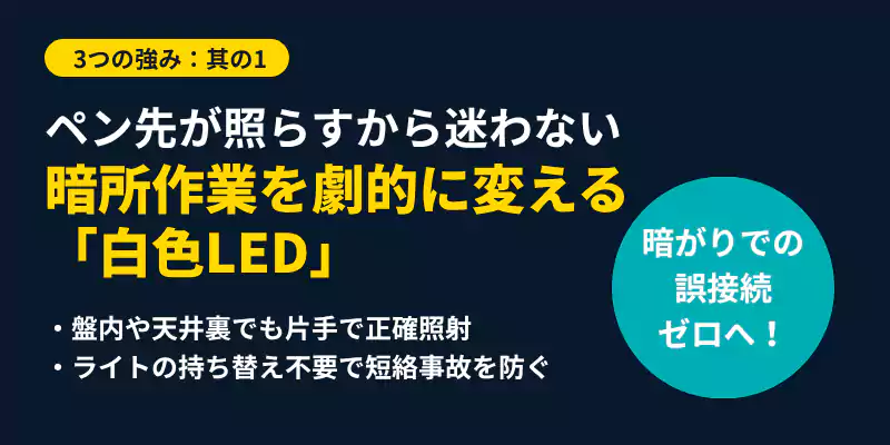HIOKI 3481の強みである白色LEDライトの解説バナー。暗い配線盤や天井裏での手元照射と誤作動防止をアピール。