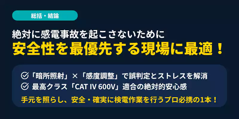 HIOKI 3481のまとめバナー。高い安全性能とLEDライトで誤判定を防ぐプロ必携のペン型検電器。