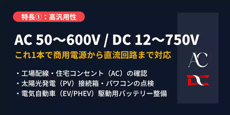 太陽光発電やEV整備に対応するAC/DC交直両用検電機能の解説バナー